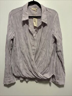 Mystree Light Dusty Lavender Draped Button-Front Crinkle Blouse